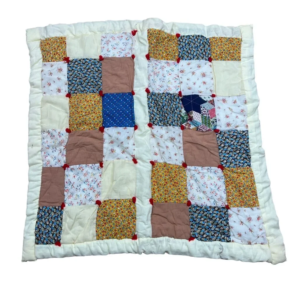 Handmade Vintage Quilted Baby Blanket Squares Patchwork Handtied Batting